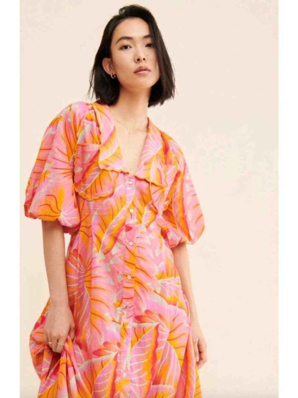 Farm Rio Pink and Orange Bright Forest Button Front Midi Dress Size Small
